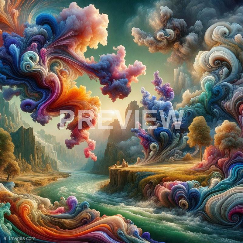 The image depicts a surreal and vibrant landscape filled with swirling, colorful clouds that resemble thick, flowing paint or cotton candy, creating a dreamlike atmosphere. The scene features a river flowing through a valley with towering, jagged mountains in the background, illuminated by a soft, glowing sunset or sunrise. Scattered trees with fluffy, multicolored foliage are present on the land, enhancing the fantastical quality of the scene.